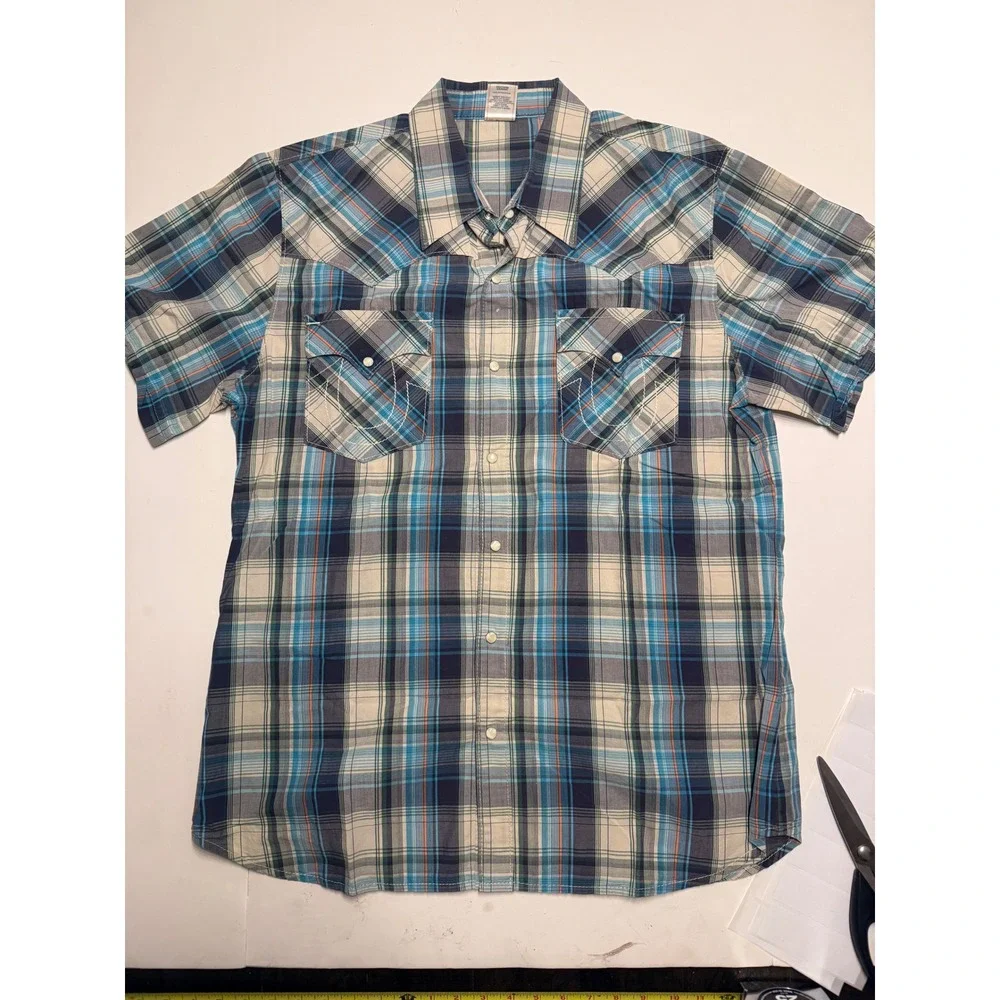 True Religion Mens XXXL Blue Plaid Western Snap Short Sleeve Shirt Horseshoe